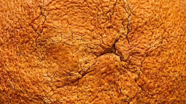 Macro texture of golden brown baked bread crust, close up of cracked sourdough surface, organic food background with porous details and warm tones