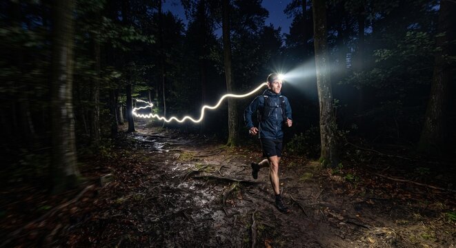 Trail runner running through dark night forest with headlamp casting bright beam and glowing light trail.