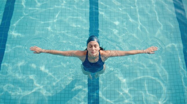 Woman swimmer floating in blue swimming pool with arms outstretched and eyes closed, capturing serene water meditation and peaceful mindfulness for wellness branding and aquatic therapy marketing.