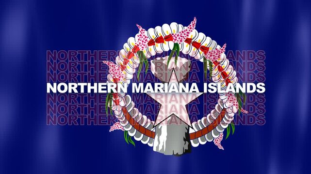 Deep Blue Flag Of The Northern Mariana Islands With Latte Stone White Star Flower Wreath And Text.