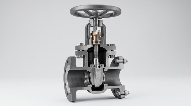 Industrial gate valve cross section showing internal mechanical components.