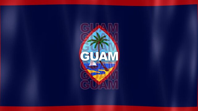 Deep Blue Flag Of Guam Displaying Red Border Center Oval Seal Scenery And Overlay Text.