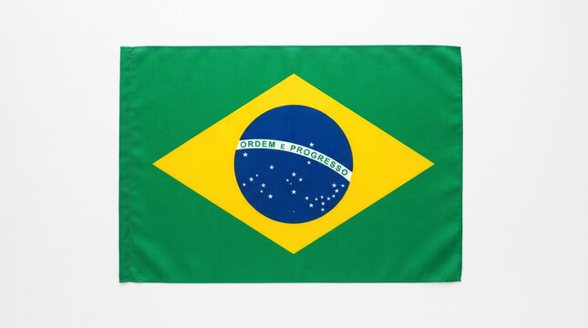 The vibrant national flag of brazil is shown in a striking display against a simple white backdrop symbolizing patriotism and cultural heritage