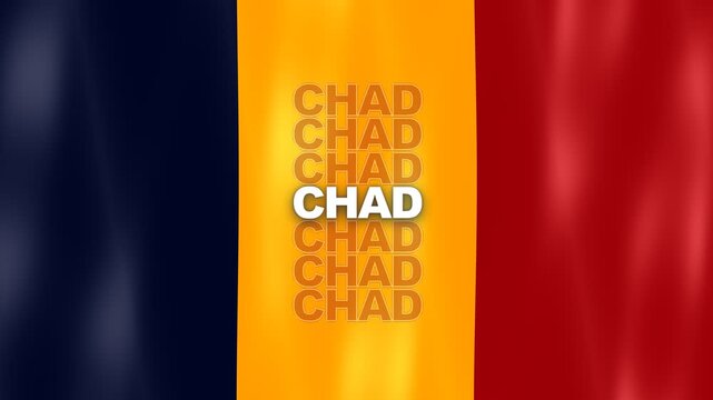Vertical Tricolor Flag Of Chad With Blue, Yellow, Red Stripes Waving Slowly With Typography Text.