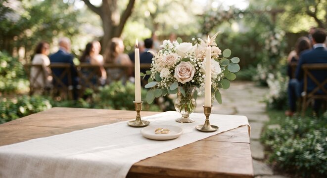 Wedding ceremony table setup outdoors with lit candles, wedding rings in small dish and floral arrangement.