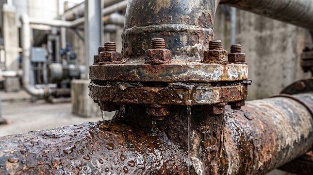 Rusty industrial pipe flange leaking water in chemical plant.