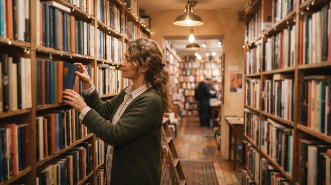 Woman browsing books on wooden shelves in a cozy, warm-lit independent local bookstore.