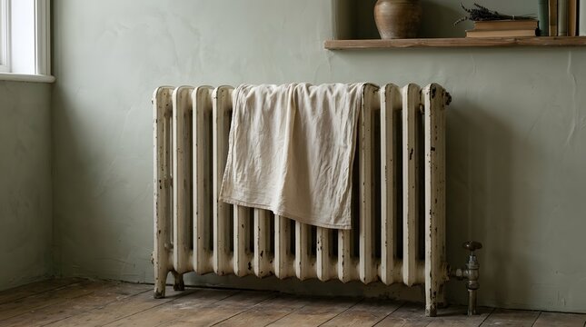 A radiator stands against a wall in a simple room. A towel is draped over it. The room has a wooden floor and a shelf with some objects