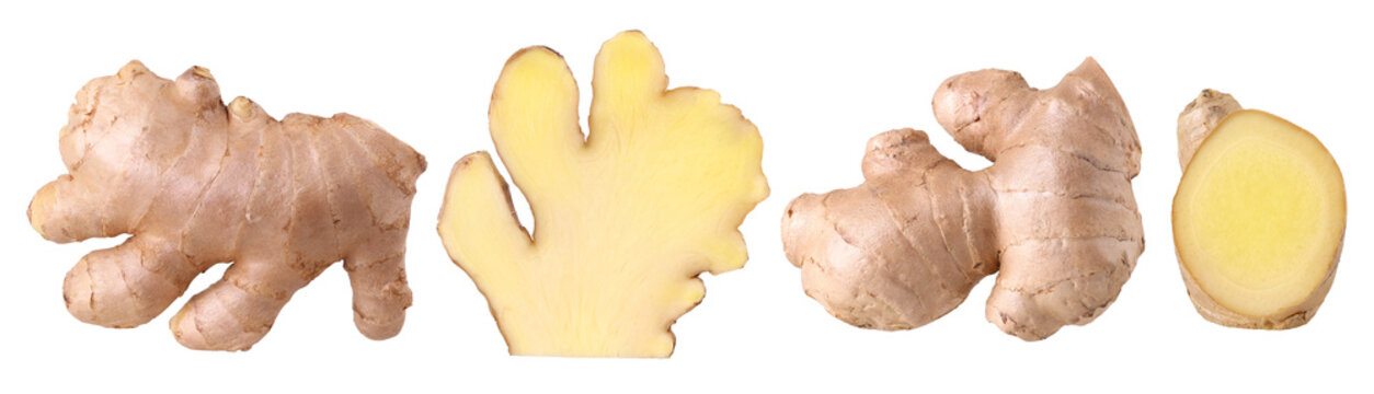 Fresh ginger rhizome, Half and slices isolated, transparent PNG, collection, cut out