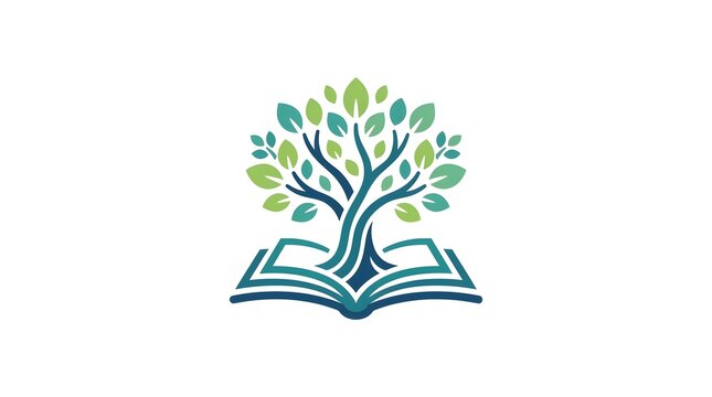 Educational logo of a vibrant green tree growing from an open book representing knowledge and gro...