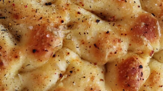 Macro shot panning across the golden crust of freshly baked Italian focaccia bread topped with herbs, salt, and spices. Detailed view of the textured surface showing rosemary, pepper, and seasonings o
