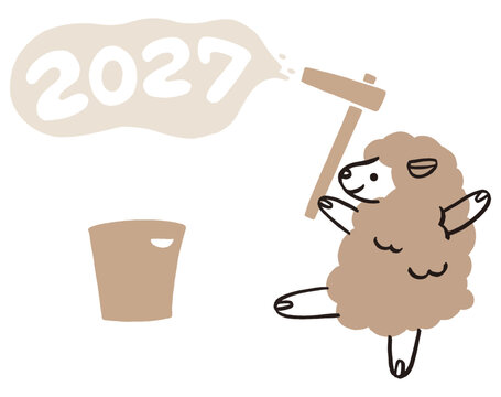 2027 Japanese New Year's Card: Sheep Making Mochi by Traditional Rice Cake Pounding