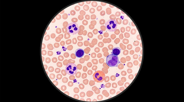 Blood smear with red and white blood cells under microscope