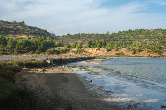 Walking route "Memory of the lagoons," with hydraulic structures, between the Bages-Sigean lagoon (&Eacute;tang de Bages-Sigean) and Saline of the former saltworks in Peyriac-de-Mer, Occitanie region, France