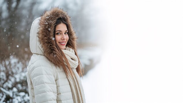 Cold Weather Setting With a Young Woman Smiling in a Winter Coat and Scarf