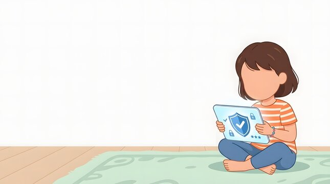 Little girl using tablet with security shield icon for internet safety while sitting on rug