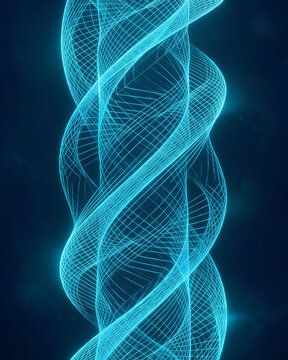 Abstract blue light spiral pattern forming a glowing vertical twisted double helix shape background