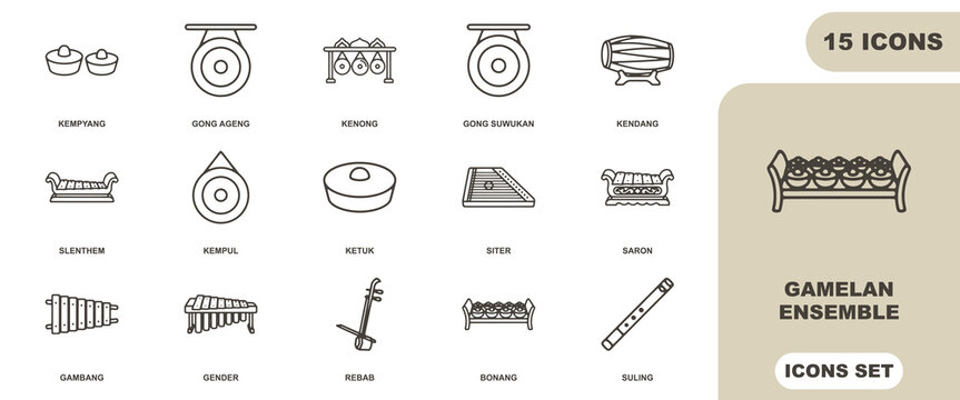Gamelan ensemble icon sheet featuring 15 traditional indonesian musical instruments, including gong, kendang, saron, and suling line