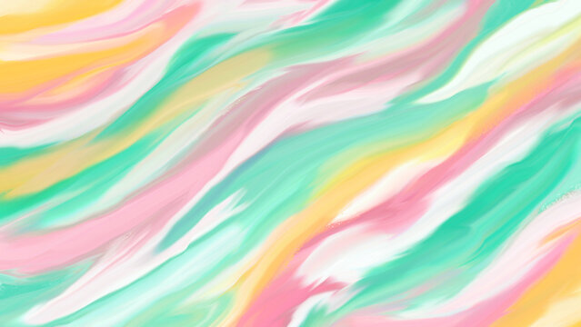 Multi-colored abstract digital painting featuring swirling diagonal strokes of mint green, pastel pink, bright yellow, and white. Rainbow bright backgound