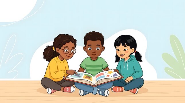 Diverse group of children reading an illustrated book together on the floor of a bright classroom.