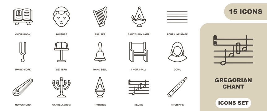 Set of 15 linear icons representing gregorian chant and liturgical music featuring musical instruments, religious vestments, and church