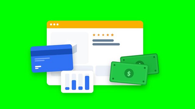 Clean vector animation of an online marketplace window with floating credit card, cash bills, ratings, and analytics bars on pure green screen.