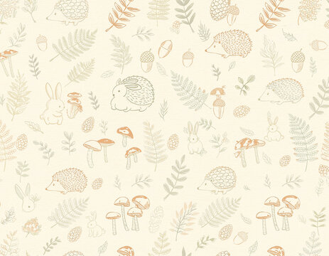 Seamless Fine Line Woodland Animals Pattern Sage and Terracotta