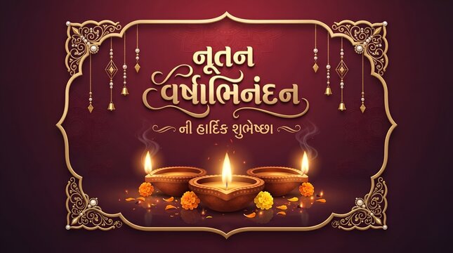Nutan Varshabhinandan Gujarati Typography Luxury Banner with Glowing Clay Diyas