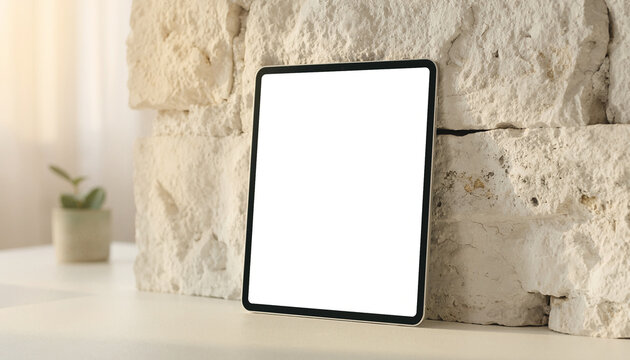 Tablet Blank Screen Leaning on Whitewashed Stone Wall Mockup
