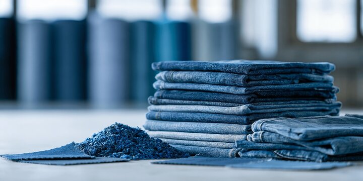 Stack of folded denim jeans with fabric scraps