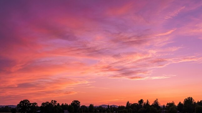 木々のシルエットが広がる紫とオレンジの夕焼け空