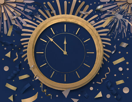Flat Cut Paper Style New Year Midnight Clock with Confetti