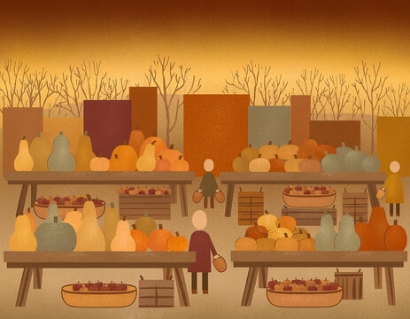 Flat Illustration Autumn Harvest Market Scene with Tiny Figures