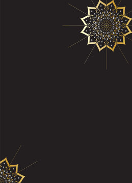 Luxury Islamic background with silver and gold mandala diagonal corner ornaments on black background