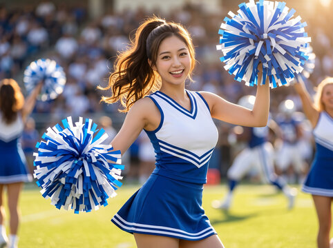 青と白のユニフォームを着てポンポンを持つチアリーダーの女性