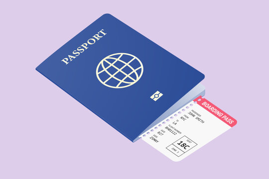Passport with Plane Ticket Inside, Angled View, Travel Vector Illustration
