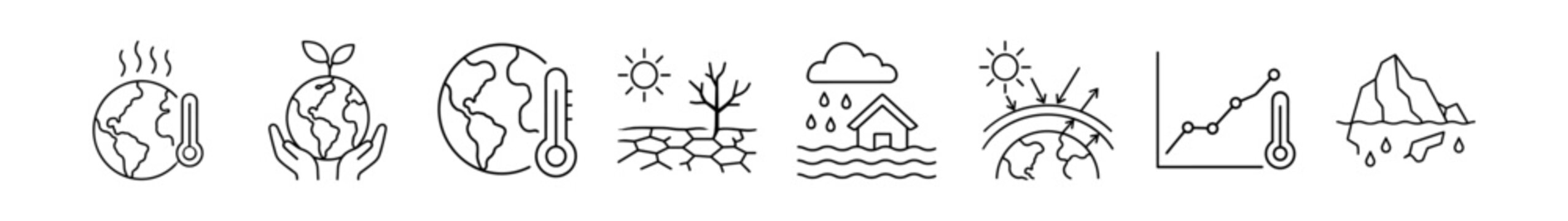 Set of climate change and global warming icons including earth temperature, drought, flooding, greenhouse effect, and melting glaciers on transparent background