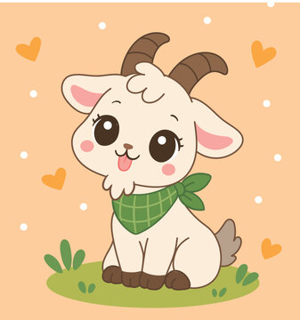 A white goat in a green scarf is sitting on the grass, a peach background with hearts, a spring theme, a cute kawaii animal character. A goat in the kawaii style. The symbol of the year 2027.