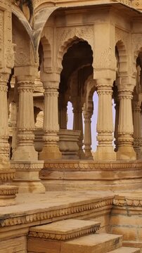 Bada bagh cenotaphs (Hindu tomb mausoleum) made of sandstone in Indian Thar desert. Jaisalmer, Rajasthan, India