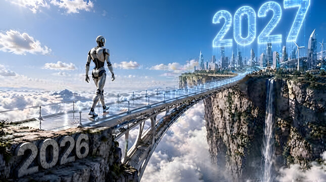 Humanoid robot walking on a futuristic bridge towards a digital 2027 city skyline above the clouds