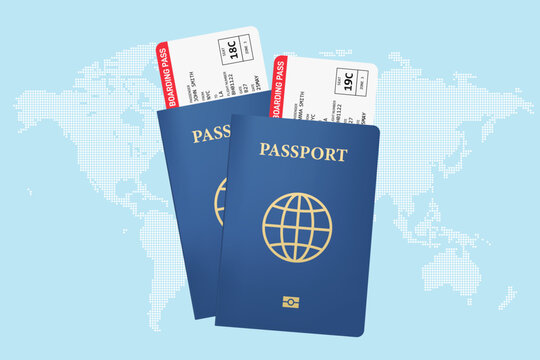 Two Passports with Plane Tickets on World Map Background, Top View, Flat Vector Illustration