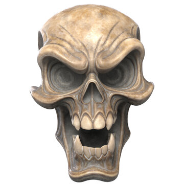 Angry Stylized Humanoid Skull with Weathered Bone Texture 3D Render Isolated on Transparent Background