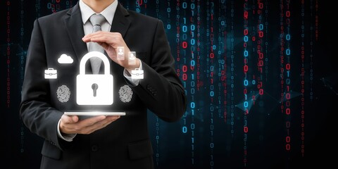 Cyber security data protection concept photo. Businessman protecting padlock icon with digital binary code background. Information safety and privacy.