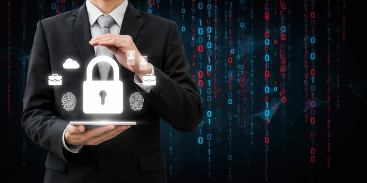 Cyber security data protection concept photo. Businessman protecting padlock icon with digital binary code background. Information safety and privacy.