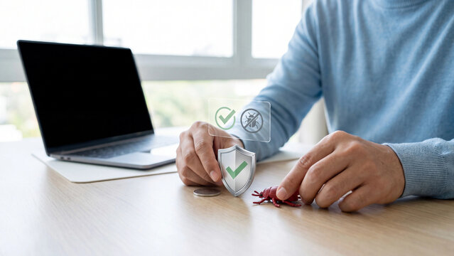 Antivirus malware protection and cybersecurity concept. Man holding shield checkmark near red bug with laptop for virus detection, software bug fix, threat removal and data privacy defense