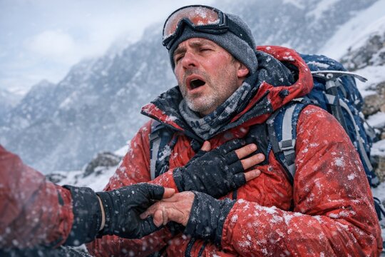 A person wearing a red jacket and goggles is standing on a snowy mountain