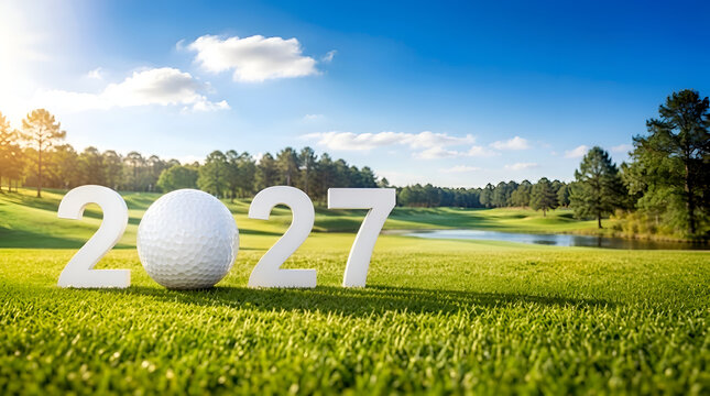 Golf course groundskeeper placing large decorative golf balls with the year 2027 in a lush outdoor setting