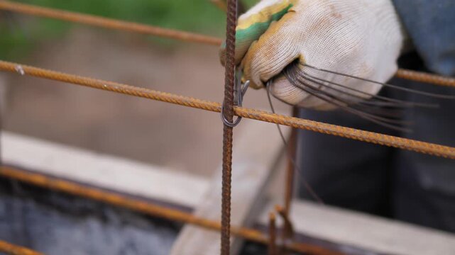 Gloved hand pulls thin binding wire around rusted steel rebar at outdoor construction site, showing careful reinforcement work in tight close view, with construction, rebar, steel, wire detail