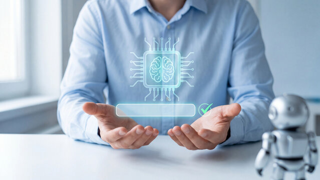 Generative AI prompt and artificial intelligence search concept. Businessman presenting AI brain chip hologram with blank prompt bar, checkmark and robot for chatbot assistant and LLM query
