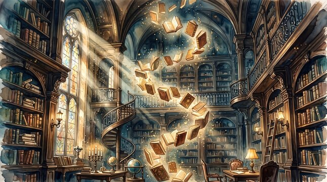 Floating books swirling in a magical dark academia library with sunbeams streaming through windows